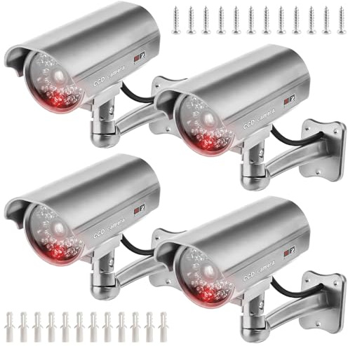 GOMETY Lot de 4 caméras factice d'extérieur - Fausse caméra de sécurité avec LED rouge clignotante - Caméra de surveillance factice - Pour l'intérieur et l'extérieur - Argenté