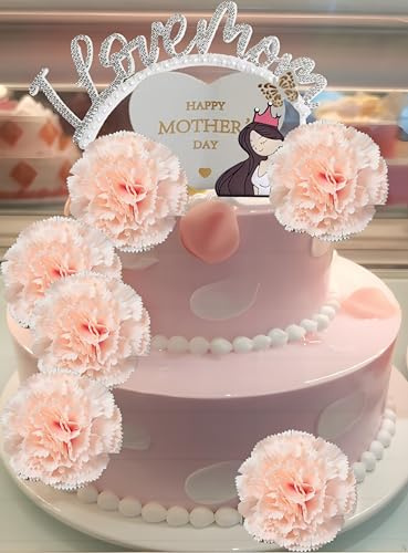 Muttertag Geburtstagskuchen Dekoration, Fleisch rosa Nelke Blume Dekoration, Soft Gel - Krone Göttin Mum Dekoration, I LOVE MOM Perle Einsätze und Stanzen - Herz Schmetterling Karte Muttertag
