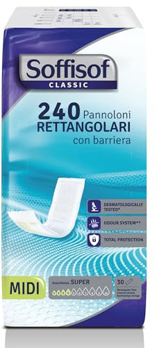 Soffisof Classic Pannoloni Rettangolari con Barriera - 240x Pannoloni per Anziani - 8 Confezioni da 30 Pezzi, Assorbenza fino a 4 Gocce - Ausili Incontinenza Uomo e Donna