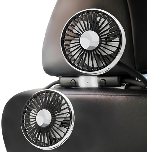 KQWVZ Ventilatore auto, ventilatore per auto regolabile a 360°, 3 velocità ventilatore auto doppia testa con luce LED, ventilatore USB, per sedile posteriore motore in rame puro a basso rumore