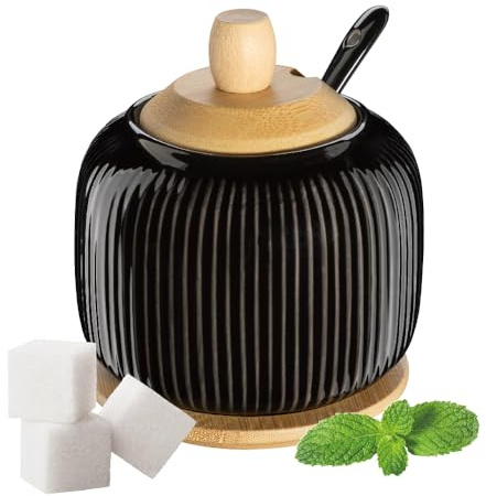 Pullmer Sucrier en céramique avec couvercle en bois de bambou avec soucoupe en bambou et cuillère à sucre (OSBO noir brillant)