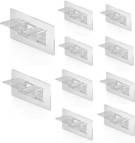 Pack 10 Uds. Soporte Adhesivo para Estanterías sin Agujeros. Organizador Interior, sujeta Baldas, Estantes y Armarios. (13,5cm x 6cm x 5cm)