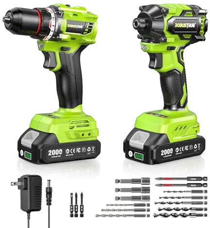 Robustrue 21V Cordless Drill & Impact Driver Combo Kit, 3/8 Drill & 1/4 Impact Driver, 2×2000mAh Batteries, Fast Charger, 16-Piece Bit Set for DIY Projects, Furniture Assembly & Home Repairs