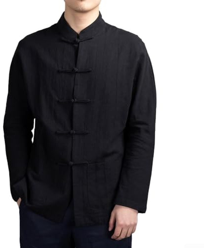 QJIRZB Veste de costume Tang traditionnelle chinoise pour homme - Veste de Kung Fu Tai Chi à manches longues | Uniforme d'arts martiaux uni, Noir , XXL