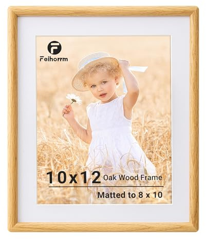 Feihorrm 12x10 Photo Frame, Oak Picture Frame, Matted to 8x10 Photo | 10x12 Frame, Wooden Photo Frame, Handcrafted Rounded Corners with HD Tempered Glass, Wall Mount Display