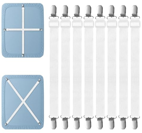 Bettlakenspanner Verstellbar 55-250cm, 8 Stück Elastische Bettlaken Spanner | Bettlaken Spanngurte mit Metallclips | Hält Bettwäsche Matratzenschoner Tischdecken und andere Stoffe sicher fixiert