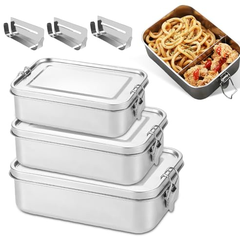 Set de 3 Lunch Box en Acier Inoxydable 304 avec Compartiments (850 ml / 1400 ml / 2400 ml), Boîtes Bento Hermétiques avec Couvercle, Boîtes Repas Réutilisables pour Déjeuner, Bureau et Voyage