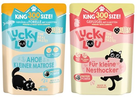 Lucky Lou Kitten Mix-Paket Katzenfutter nass - 24 x 300g - Geflügel & Geflügel mit Forelle - Premium Nassfutter für Katzen getreidefrei & ohne Zucker, ohne Konservierungsstoffe