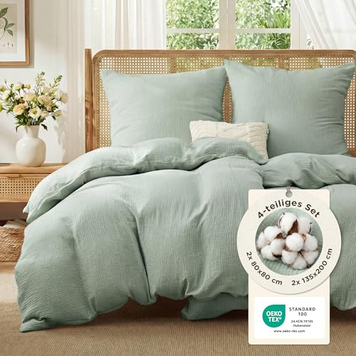 BEDSURE Musselin Bettwäsche 135x200 4teilig - Grün, 80x80 Kissen, Oeko-TEX | 100 % Baumwolle Bettwäsche-Sets, 2 Bettbezüge 135 x 200 und 2 Kissenbezüge 80 x 80, mit Reißverschluss, Weich, Atmungsaktiv