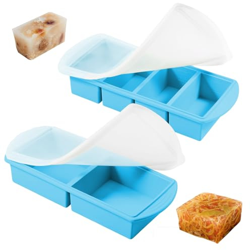 2 in 1 Molde Silicona Congelador & Souper Cubes, Moldes Silicona Congelar Porciones, Bandeja Extragrande Para Cubitos de Hielo Para Sopa, Caldo, Salsa, Mantequilla, (4 x 250 Ml, 2 x 500 Ml, Azul)