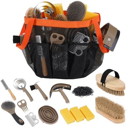 Uross Horse Grooming Kit 15 PCS Equine Care Series Horses Brush Sets with Organizer Tote Bag for Effective Grooming and Bathing, Professional Equine Coat Care Supplies for Horse Riders