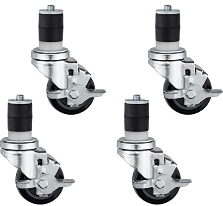 DuraSteel 1-1/2 Expanding Stem Caster with Side Brake for Commercial Kitchen Prep Work Tables - 3 Polyurethane Wheel / 4 Mounting Height, 530LBs, Set of 4