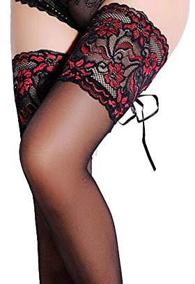 Women's Cuban Heel Thigh High Stockings with Back Seam and Silicone Lace Top Pantyhose Tall Black