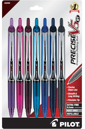 PILOT Pen 26095 Precise V5 RT Refillable & Retractable Premium Rolling Ball Pens, Extra Fine Point (0.5mm), Assorted Colors, 7 count