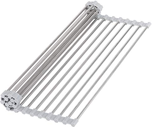 Hhyn Roll-Up Sink Drying Rack 17.7(L) x 13.8(W) - Multipurpose Heat Resistant Over The Stainless Steel & Silicone Dish Rollable Kitchen Drainer, Gray | Multipurpose Heat Resistant Over The Stainless Steel & Silicone Dish Rollable Kitchen Drainer