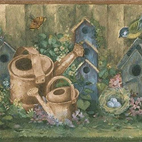 CONCORD WALLCOVERINGS ™ Prepasted Wallpaper Border Featuring Birdhouse Nature Scenery Colors Green Beige Blue Gray Size 7 Inch by 15 ft BG76310L