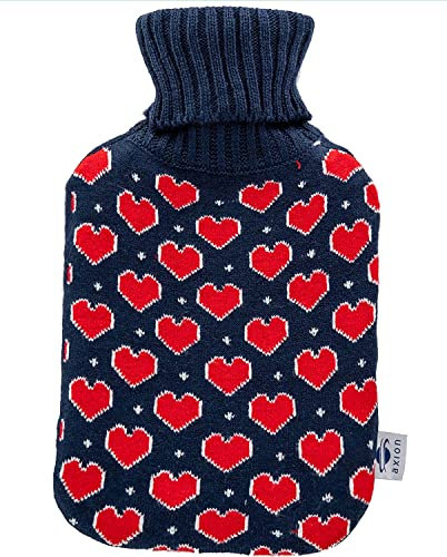 Bouillotte avec housse tricotée axion | Bleu foncé et motif coeur | En caoutchouc naturel | Bouillotte pour thermothérapie | Idée cadeau pour bien s’endormir