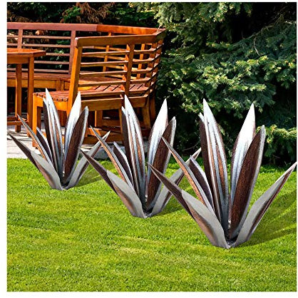 Sculpture Rustique de Tequila Bleue - Art décoration Statue Déco à la Maison, Figurines de Jardin, Ornements de Pelouse, Piquets de Jardin, Plantes d'agave en Métal pour Cour Extérieure, 13.8inch