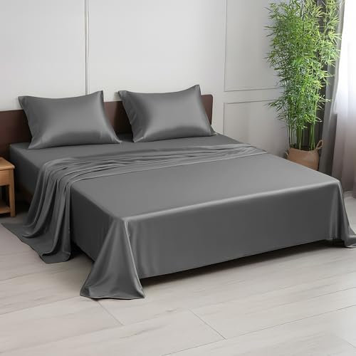 LINENWALAS 100% Bamboo Double Sheet Set, 300 Thread Count Silky Soft Cooling Bed Sheets, 4-Piece Luxury Bedding Set for Skin Care (Double, Charcoal Grey)