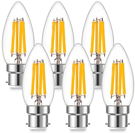 B22 Bayonet Cap Candle Bulbs,6.5W C35 B22 Dimmable LED Filament Light Bulb | 60-80W Equivalent Warm White 2700K,806LM,Decorative LightBulbs Retro Clear Glass-6 Pack