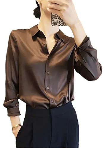 Femmes de la Chemise Bouton Bouton vers Les Chemises à Manches Longues Blouses en Satin de Soie Chocolate L