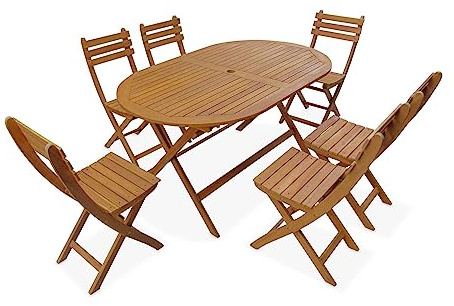 Alice's Garden - Table de Jardin Pliante Bois d'acacia + 6 assises 150cm en Bois d'acacia déjà huilé. Forme Ovale avec 6 chaises Pliables