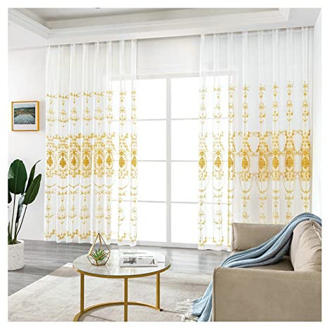 KnBoB Gardinen Transparent Ösen, Polyester Gelb Blumen Bestickt 2er Set Voile Gardinen 132 x 115 cm