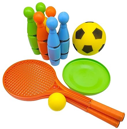 alldoro 60042 Set di giochi da esterno XXL, in plastica, con birilli, pallone da calcio, disco da lancio e gioco del tennis morbido, borsa per il trasporto, colorato