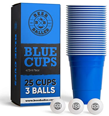 Blue Cups - 25 blå partykoppar & 3 bollar | diskmaskinssäkra & återanvändbara | 473ml - 16oz partykoppar | blå partykoppar | Original American Red Cups