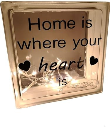 Beleuchteter Glasbaustein *Home is where your heart is* 19 x 19 x 8 cm