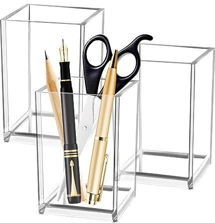 Acryl Stiftehalter, 3 Stück Klarer Stifteköcher Make-Up Pinselhalter, Schreibwaren Organizer Acryl Stiftebecher, Transparenter Stiftehalter für Büro Schule Haushaltsbedarf(10x6.5x6.5cm)