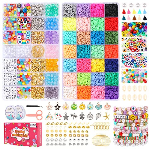 7800+Stück Perlen Für Armbänder,28 Farben Clay Perlen Zum Auffädeln Bastelset Kinder ab 6 Jahre，Schmuckherstellung Kit für Ringen Halsketten Geschenk, Geschenk Mädchen 5 6 7 8 9 10 Jahre，Erwachsener