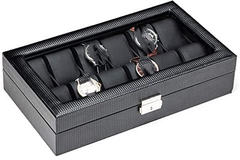 AMYSTY Uhrenkoffer Uhrenrolle Uhrenbox Uhrenschatulle Uhrenbox Mit 12 Fächern for Herren, Kohlefaser-Design, Vitrine, Metallschnalle, Schmuckaufbewahrung Uhrenetui Uhren Aufbewahrungsbox