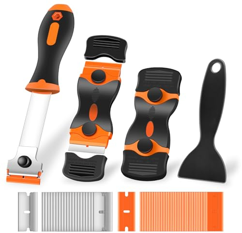NECAMOCU 4 Pack Razor Blade Scraper, Premium Cleaning Scraper Tool with 50 PCS Metal & Plastic Razor Blades, Multi-Purpose Glass Scraper for Windows, Sticker, Decals, Cooktop, Paint Removal (Orange)