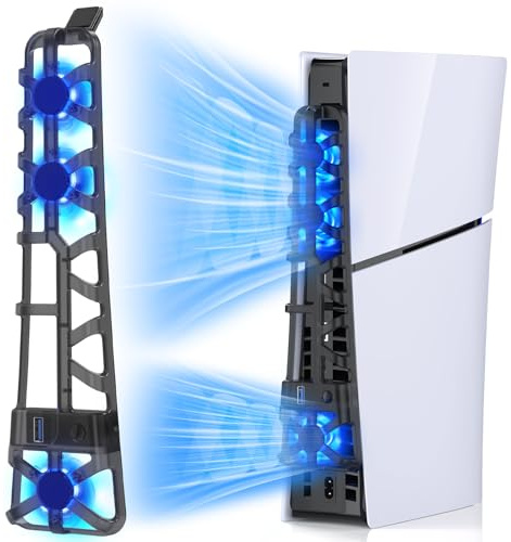 FASTSNAIL Cooling Fan for PS5 Slim with Memory Function and LED Light | Cooler Accessories with 3 High-Speed Fans & USB 3.0 Port for PS5 Slim Digital & Discs Edition