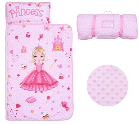 Schlafsack Kinder mit Kopfkissen Reißverschluss, Faltbare Kinderschlafsack mit Kissen Abnehmbar für Mädchen Jungen, Leicht Reinigen Schlafsack für Outdoor Indoor Camping, 150×60cm Rosa Prinzessin