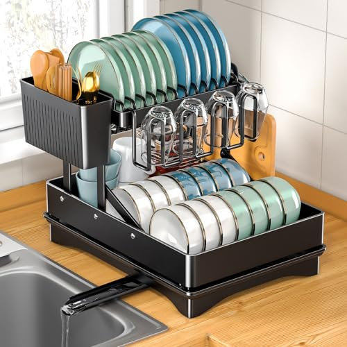 MOYKSRR Égouttoir Vaisselle Cuisine à 2 Niveaux, Noir, Acier au Carbone et Plastique, Sèche-Vaisselle Multifonctionnel avec Porte-Ustensiles et Drainage Automatique, Comptoir de Cuisine