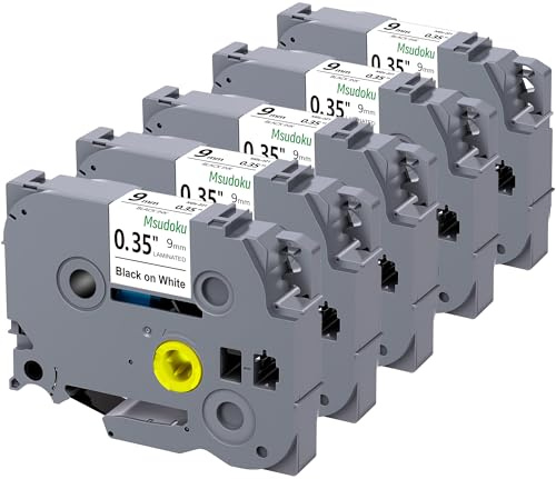 5x Msudoku TZe221 Schriftband Kompatibel für Brother TZe TZ Bänder 9mm 0.35 Laminiert Weiß Band P touch Bänder 9mm TZe-221 Tz221 für P Touch PTH100LB PTH105 PTD210 PTD200 PTH220 PTD400, 9mm x 8m