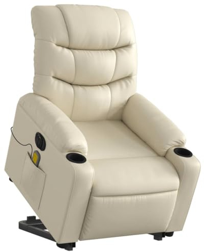 vidaXL Massagesessel, Sessel mit Aufstehhilfe Elektrisch, Relaxsessel mit Liegefunktion Vibrationsfunktion, Fernsehsessel Liegesessel Aufstehsessel, Creme Kunstleder