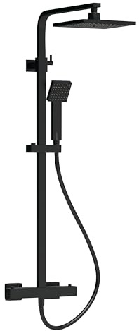 Balterley Thermostatic Shower Mixer Kit with Square Head, Handset, Mixer Bar & Adjustable Riser Rail, Shower Head and Hose Set, Bathroom Rainfall Showerhead - 200 x 465 x 1200mm (Black)