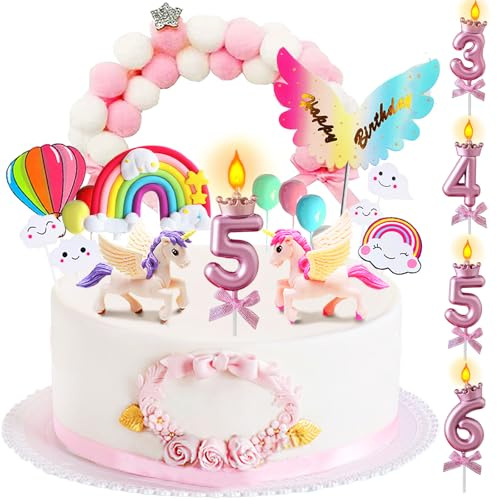 YOUYIKE Einhorn Tortendeko, Kuchen Topper Mädchen Inklusive Geburtstagskerzen 3/4/5/6 Jahr, Einhorn Deko Kindergeburtstag, Regenbogen Deko Torte, Einhorn Figuren Cake Topper