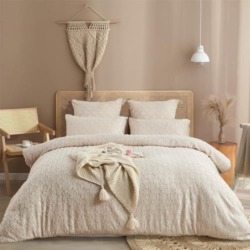 Luofanfei Boho Bettwäsche 135x200 Beige Getuftet Boho Style Wendebettwäsche Set Microfaser Stickerei Shabby Chic Geometrisches Muster Bettbezug 135x200 und Kissenbezug 80x80 cm mit Reißverschluss