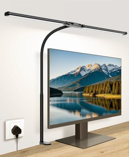 Woputne Desk Lamp with Clamp, with 5V 2A Adapter, LED Desk Lamp with Dual Head, 50 Light Modes, Computer Monitor Flexible Gooseneck Lamp, Eye Protection Desk Lamps for Study, Office, Crafts, Draw