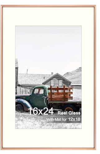 Golden State Art, 16x24 Rose Gold Picture Frame Displays Photo 12x18 with Mat or 16 x 24 Without Mat for Wall Mounting, Classic Satin Aluminum Frames with Real Glass (Pack of 1)