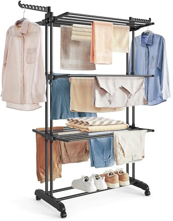 SONGMICS Clothes Drying Rack Stand 4-Tier, Foldable Laundry Drying Rack 68.1-Inch Tall, Stainless Steel, Rolling Clothes Horses Dryer Rack, Easy to Assemble, Indoor Outdoor Use, Ink Black ULLR701B01