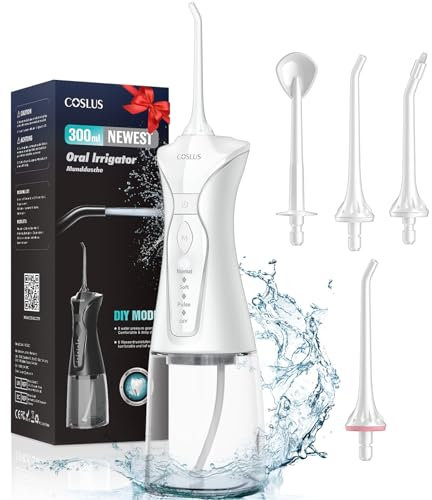 COSLUS Irrigatore orale: durata della batteria detergente interdentale,WaterFlosser 300 ml serbatoio acqua doccia orale,5 nero