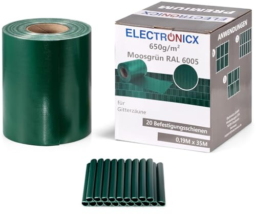 Electronicx Premium PVC Sichtschutzstreifen RAL 6005 Moosgrün Hochwertige Zaunfolie Doppelstabmatten 35m x 19 cm 650g/m² UV-beständig, extra langlebig, Blickdicht, inkl. 20 Befestigungsclips