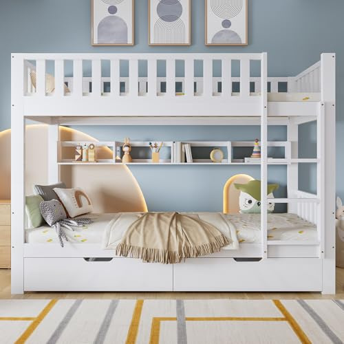 Merax Bunk Bed With Ladder&under Bed Slide 2 Drawers &Fall Protection and Railings, Solid Pine Wood Frame, for Kids Children Teenagers, White (2 * 90x190cm)