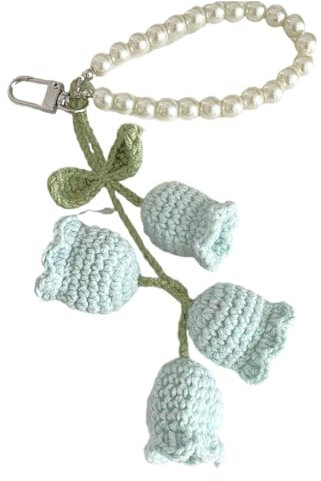 Xchon Gestrickter Schlüsselanhänger, gehäkelte Blume, einzigartige Perlenkette, Schlüsselanhänger, bunt, gestrickt, Taschenanhänger, Accessoire für Mode-Liebhaber, blau