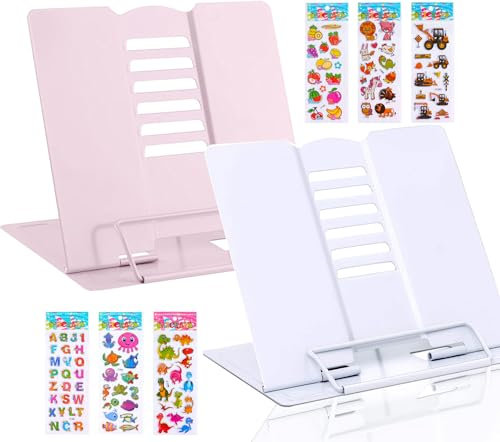 2 Piezas Atril para Libros metal, Atril Lectura de Metal con 6 ángulos Ajustables Estante Lectura de Metal Multifuncional Estantes de Lectura para Cocina, Escuela, Oficina (Blanco+Rosa)